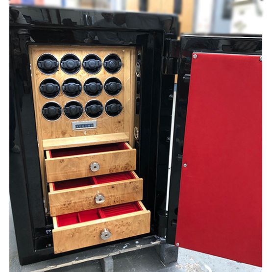 Johnson's Of Lichfield Luxury Safes Black High Gloss Lacquer and Cartier Red Watch Winder Safe - 12 Watch Winders with 3 Drawers