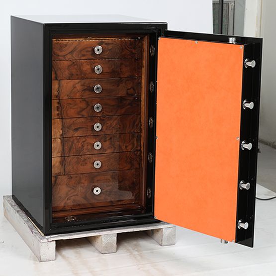 Johnson's Of Lichfield Luxury Safes High Gloss Black Lacquer And Burnt Orange Grade 1 Jewellery Safe - 7 Drawers